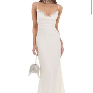 Lucy In the Sky Cowl Neck Mermaid Maxi Dress in White